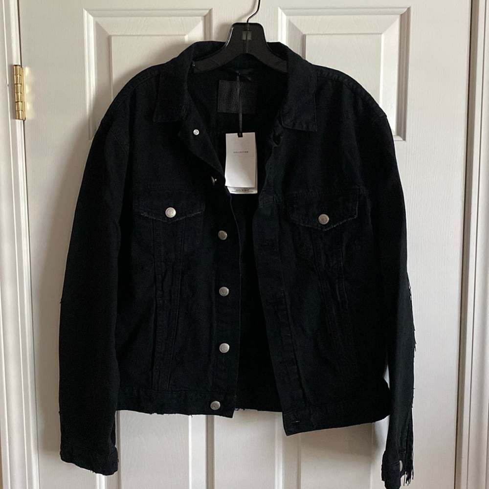 Zara Woman distressed black denim jacket with fringe back down arms - Picture 1 of 12
